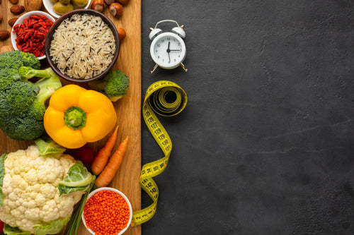 Top view of cutting board with groceries