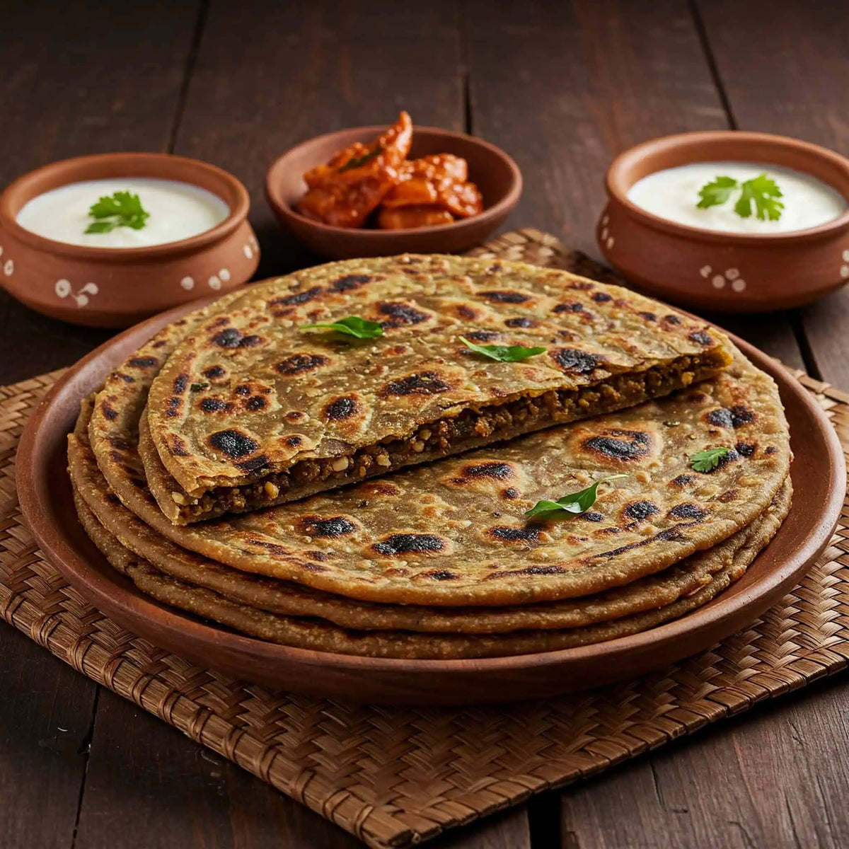 Sattu Paratha with dahi and pickle 